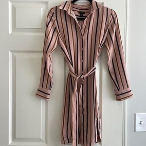 Ann Taylor Pink Vertical Stripe Button Down Shirtdress with Tie Waist Petite XS